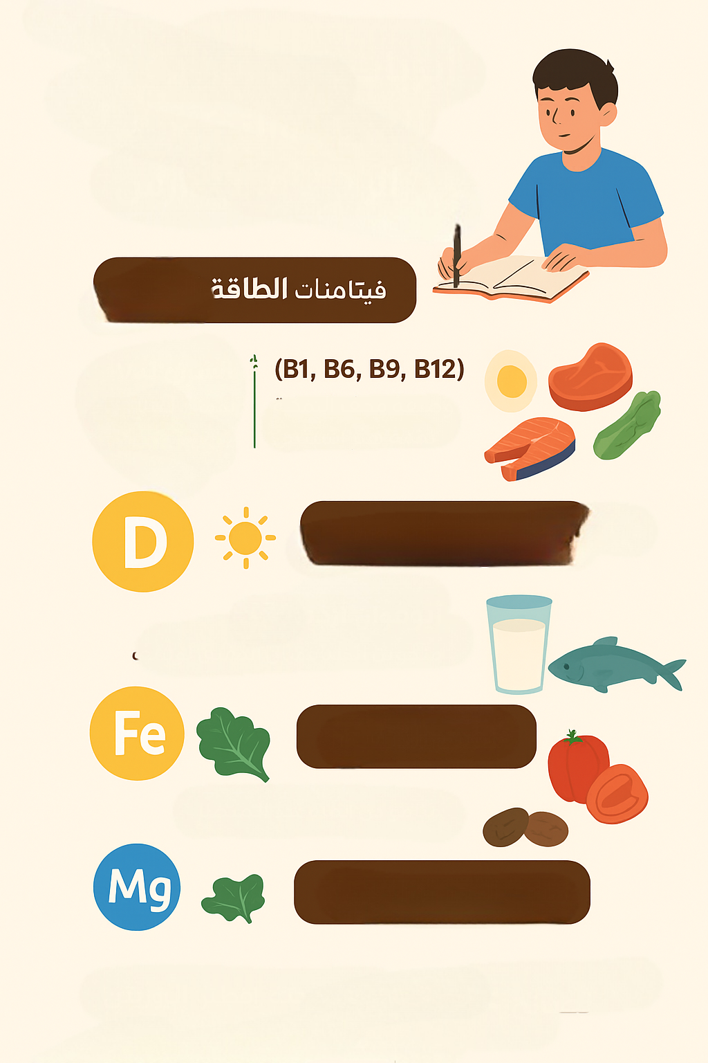 إنفوجرافيك يوضح أهم الفيتامينات التي تعزز الطاقة والتركيز للطلاب أثناء الدراسة، مثل فيتامين ب، فيتامين د، الحديد، والمغنيسيوم