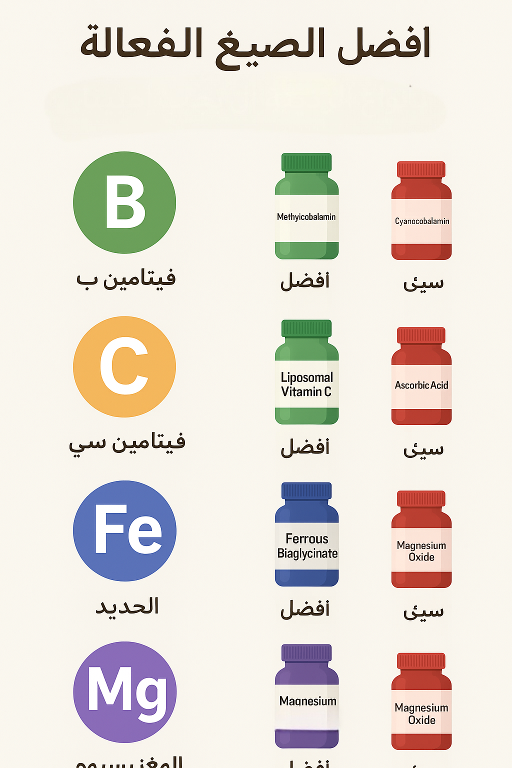 مكملات غذائية متنوعة توضح الفرق بين أفضل الصيغ الفعّالة للفيتامينات والمعادن والأنواع الرديئة